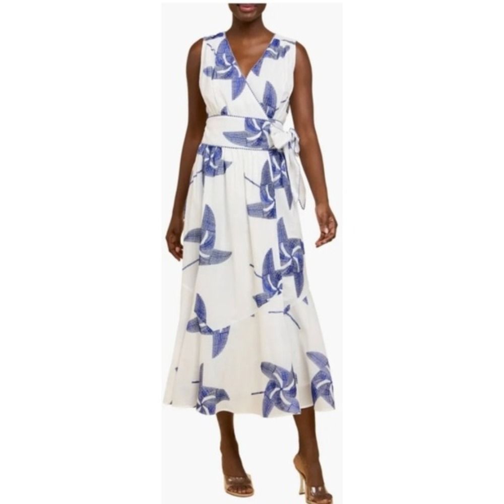 Ciebon‎ XL White Blue Pinwheel Embroidered Cotton Wrap V-Neck Midi Dress Coastal